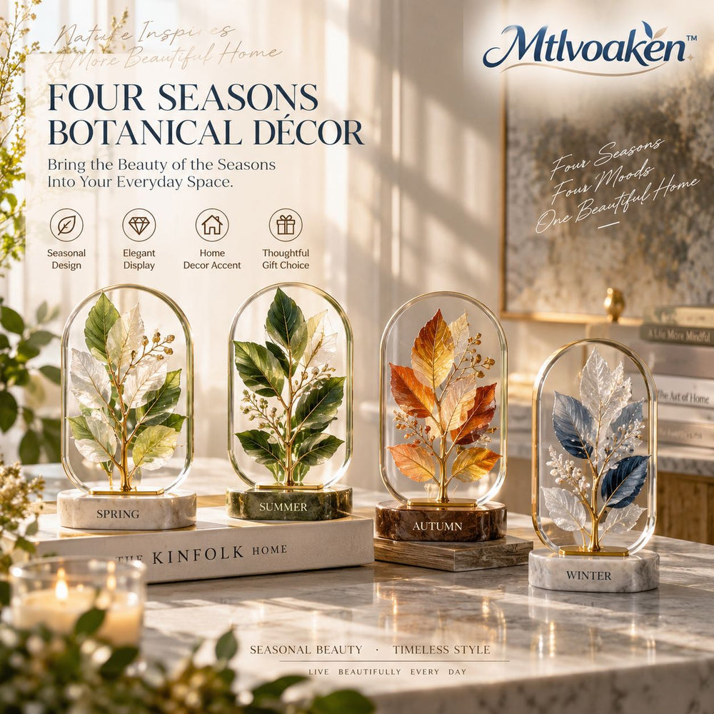 Mtlvoaken™ Four Seasons Botanical Specimen Décor — Framed Leaf-Inspired Tabletop Sculpture, Seasonal Nature Accent