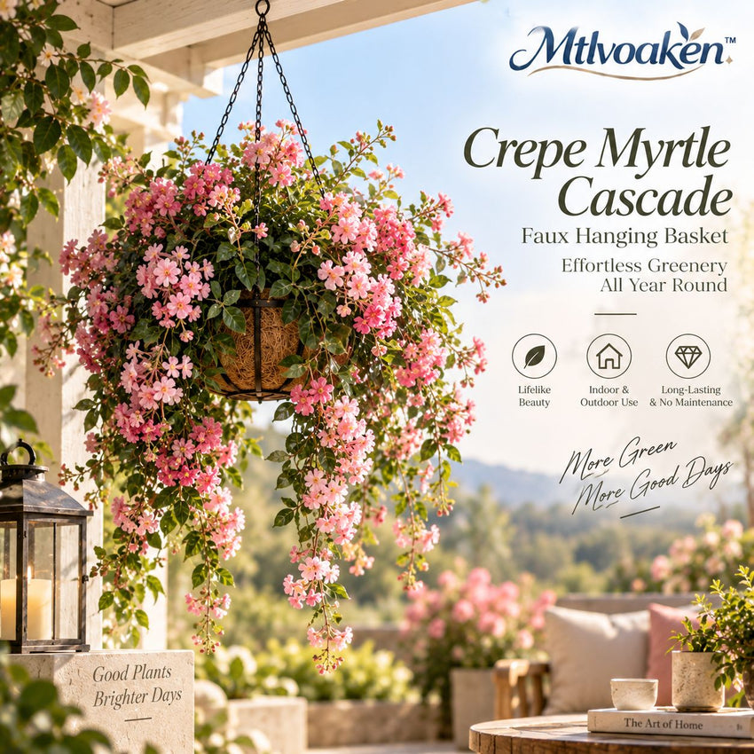 Mtlvoaken™ Crepe Myrtle Cascade Faux Hanging Basket — Artificial Flower Basket for Porch & Interior Décor