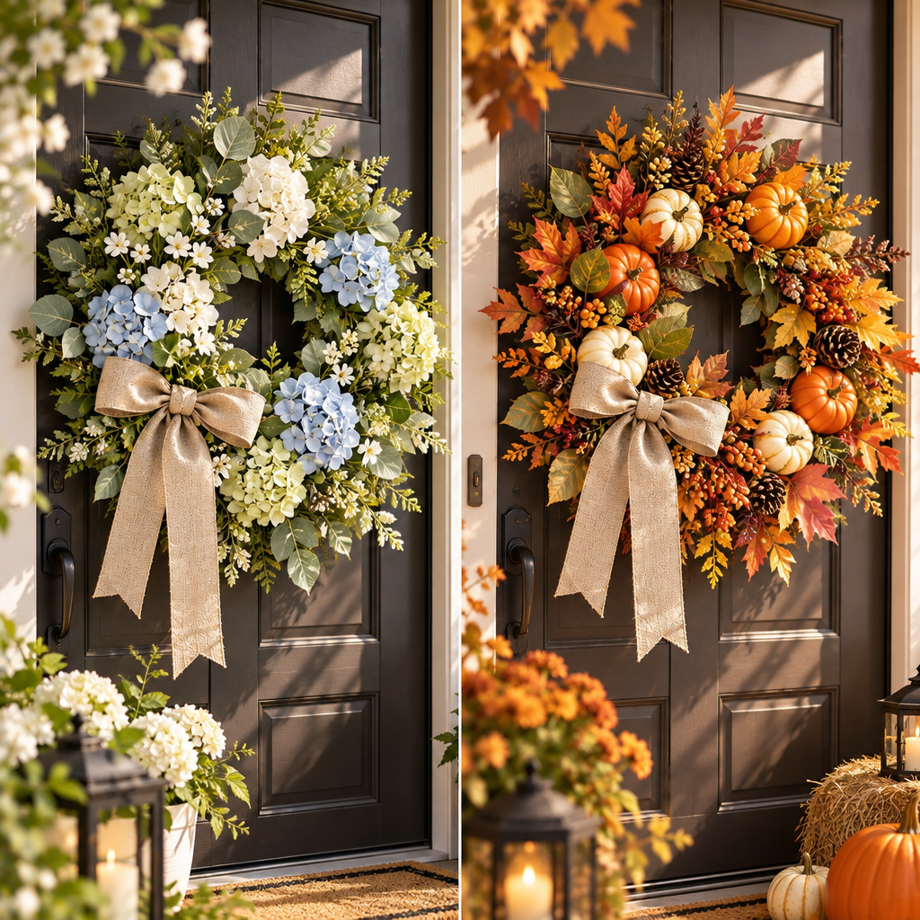 Mtlvoaken™ Turning Garden Seasonal Faux Wreath — Spring Hydrangea or Autumn Pumpkin Maple Leaf Door Décor