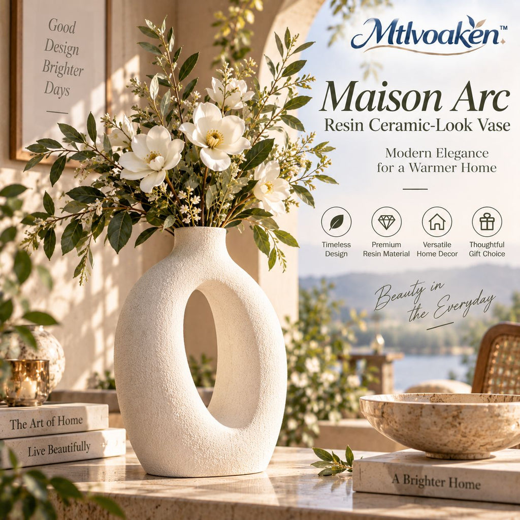 Mtlvoaken™ Maison Arc Resin Ceramic-Look Vase — Classic Sculptural Decorative Flower Vessel