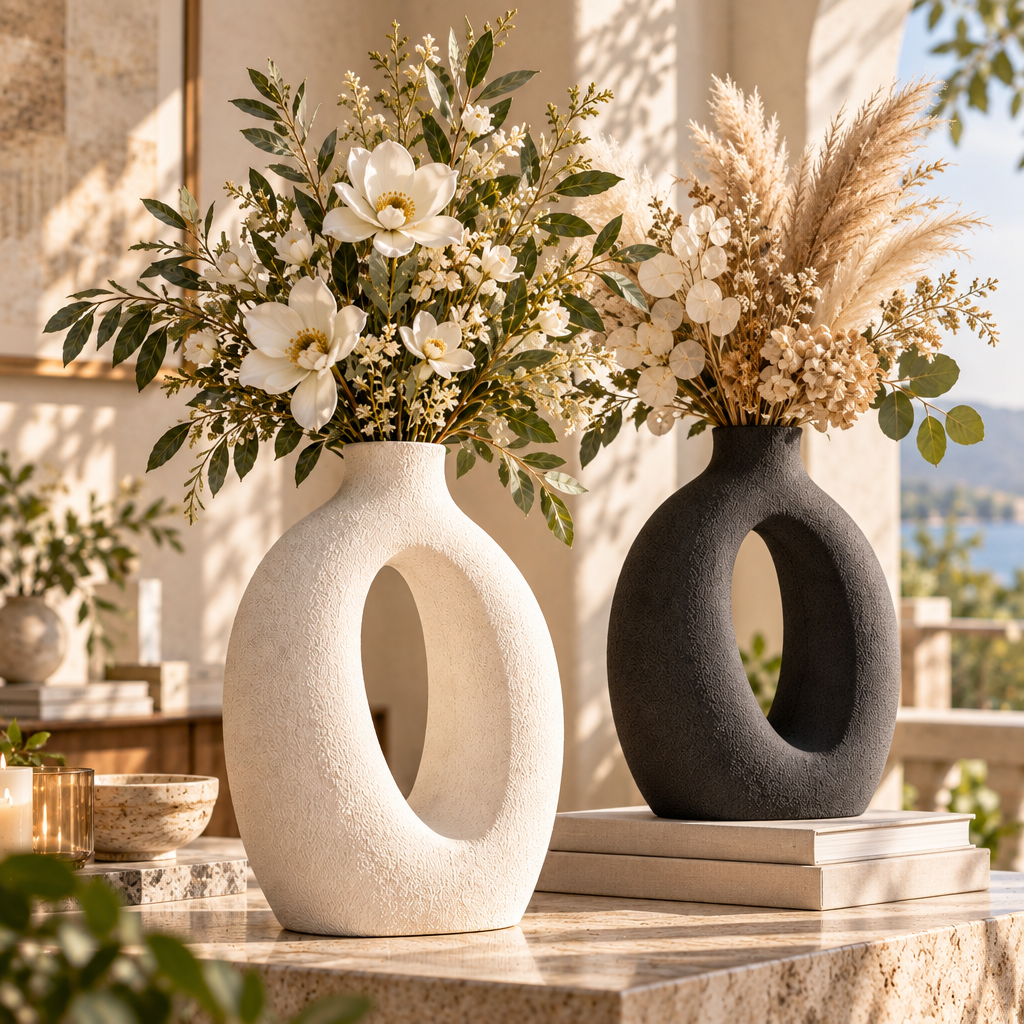 Mtlvoaken™ Maison Arc Resin Ceramic-Look Vase — Classic Sculptural Decorative Flower Vessel