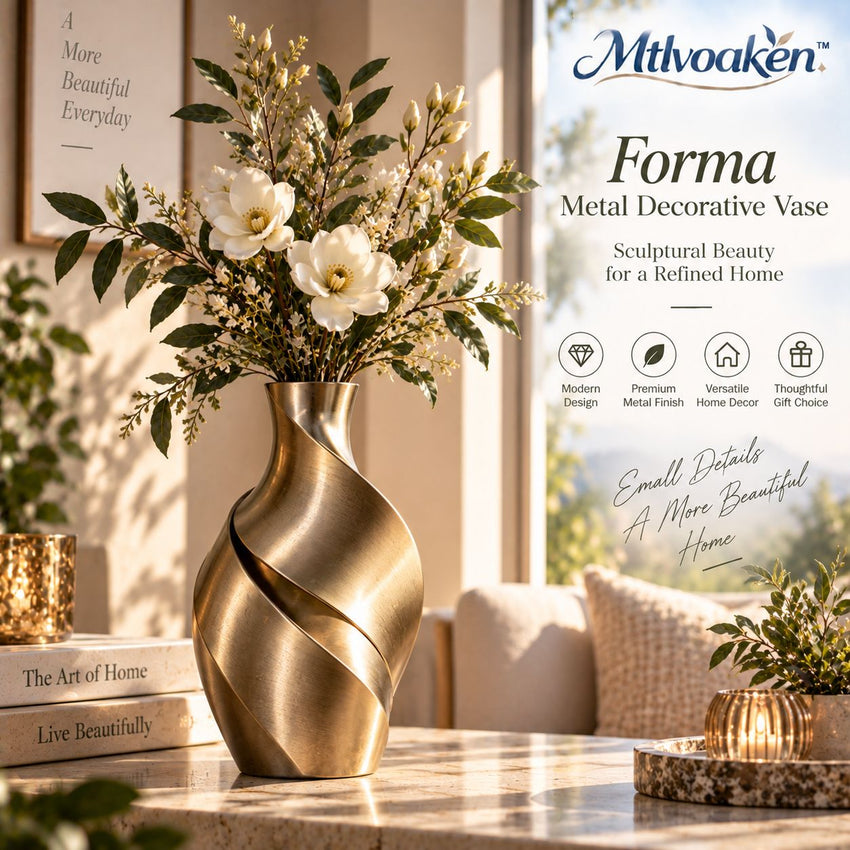 Mtlvoaken™ Forma Metal Decorative Vase — Matte Architectural Faux Floral Vessel