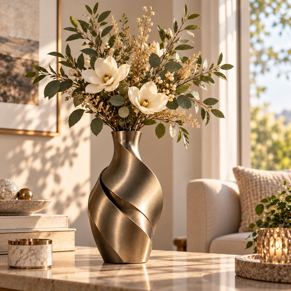 Mtlvoaken™ Forma Metal Decorative Vase — Matte Architectural Faux Floral Vessel