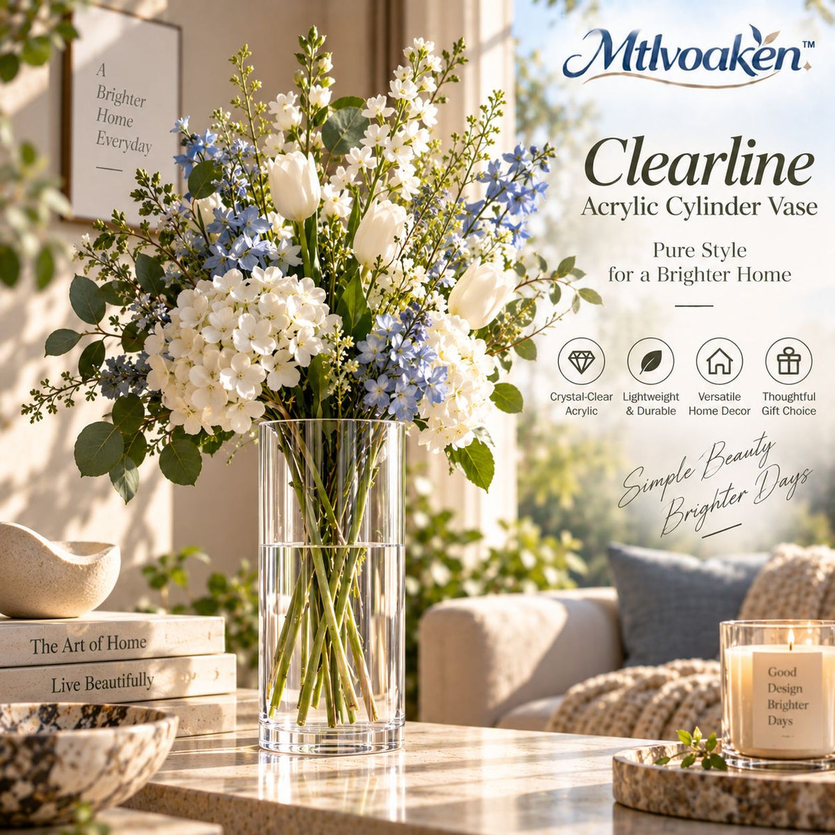 Mtlvoaken™ Clearline Acrylic Cylinder Vase — Classic Straight-Sided Shatter-Resistant Floral Display