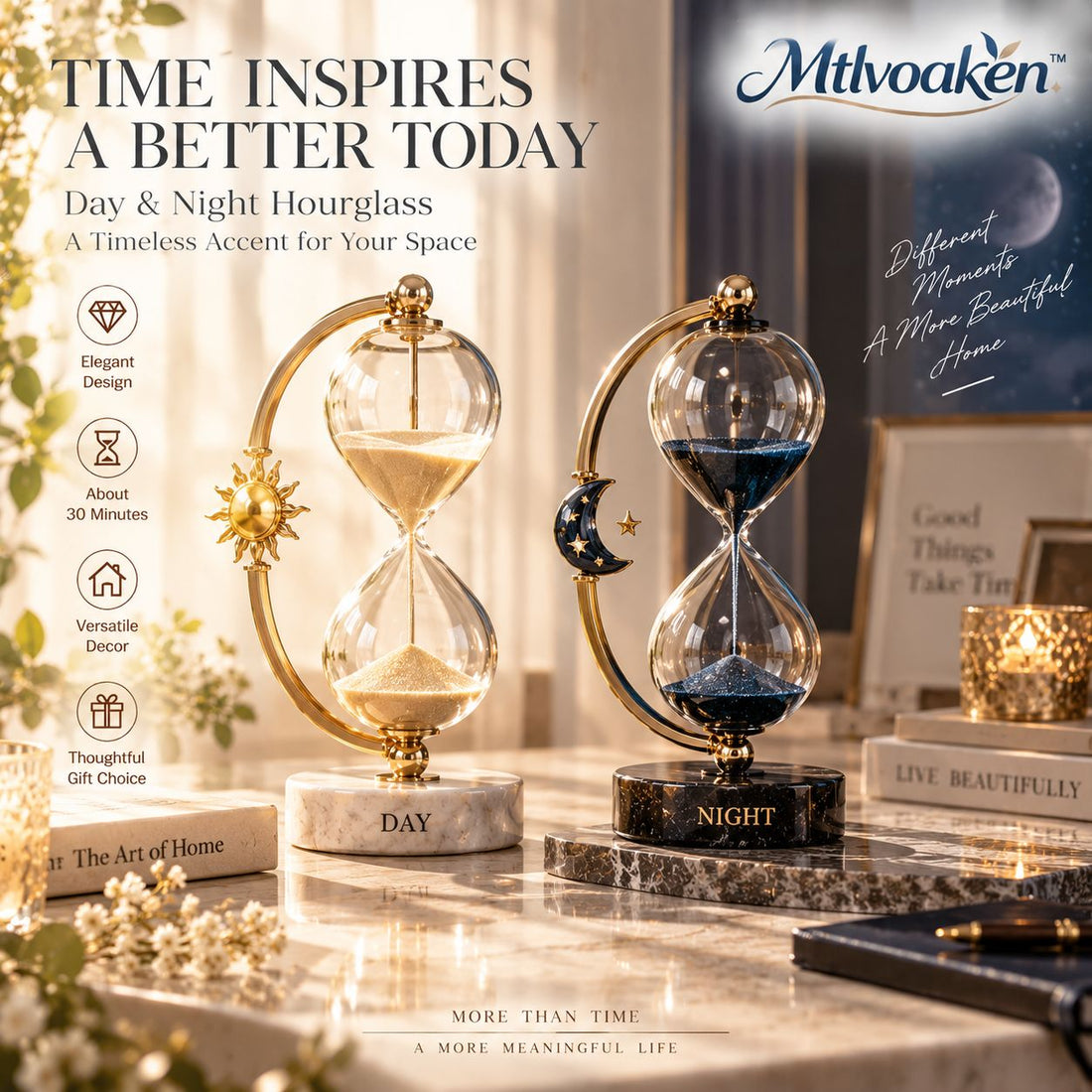 Mtlvoaken™ Day & Night Timekeeper Hourglass — Sculptural Glass Sand Timer Home Accent